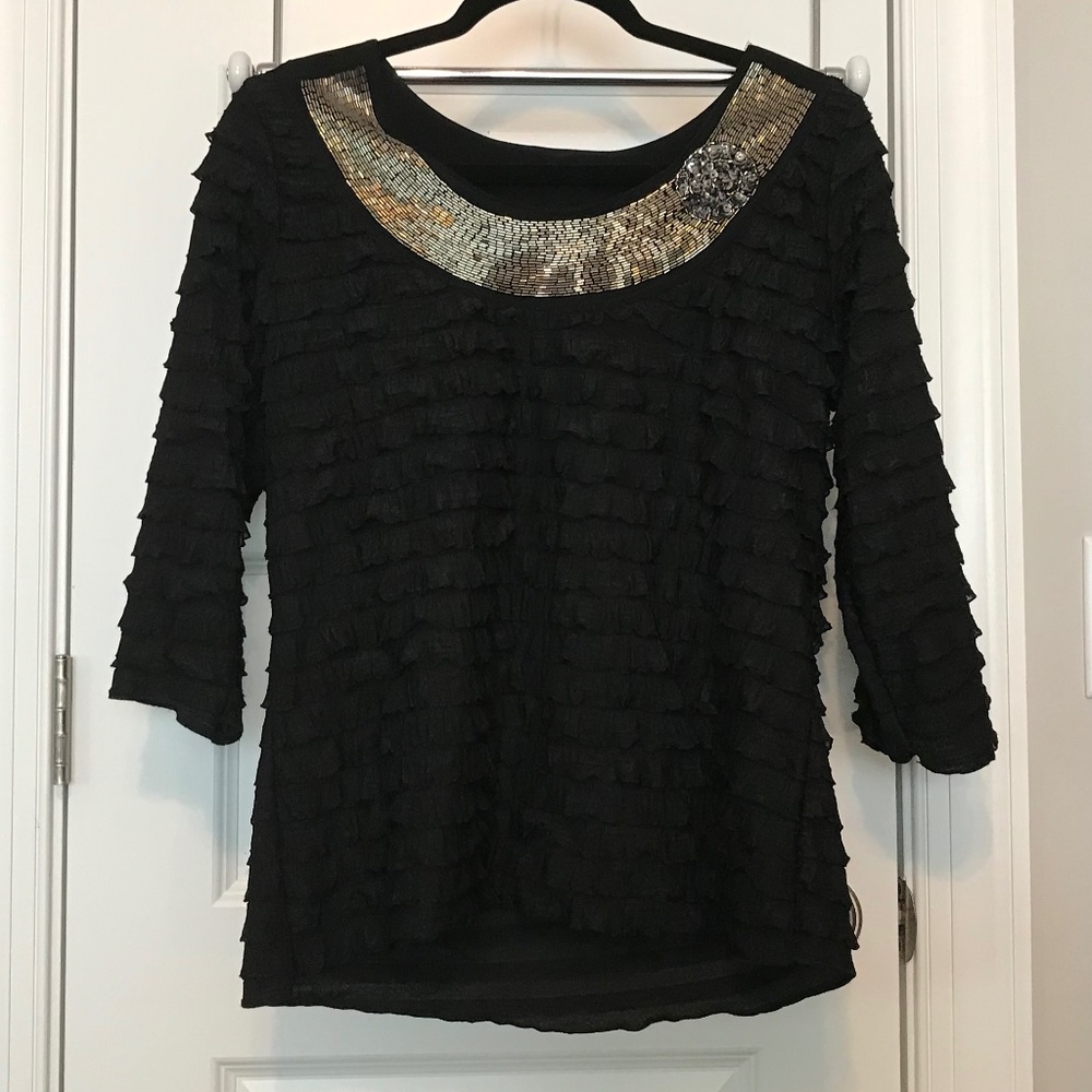 Janeric black 3/4sleeve round neck top with ruffles, silver beading & sequins(S)